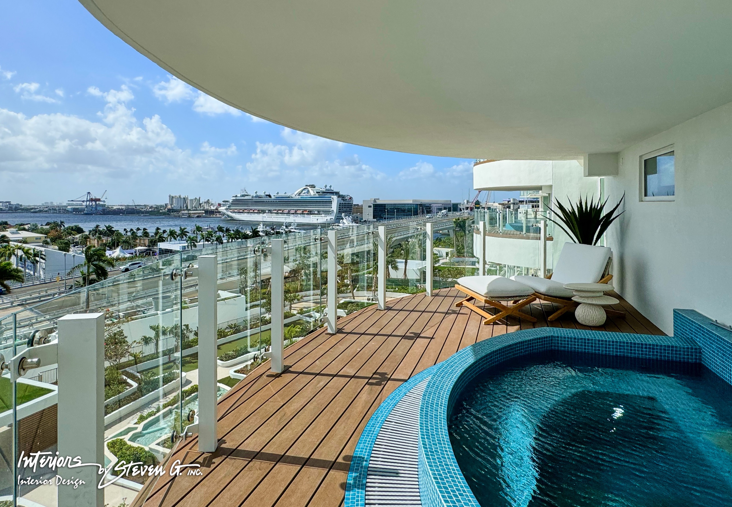 A private plunge pool on the balcony, Port Everglades traffic beyond the rail