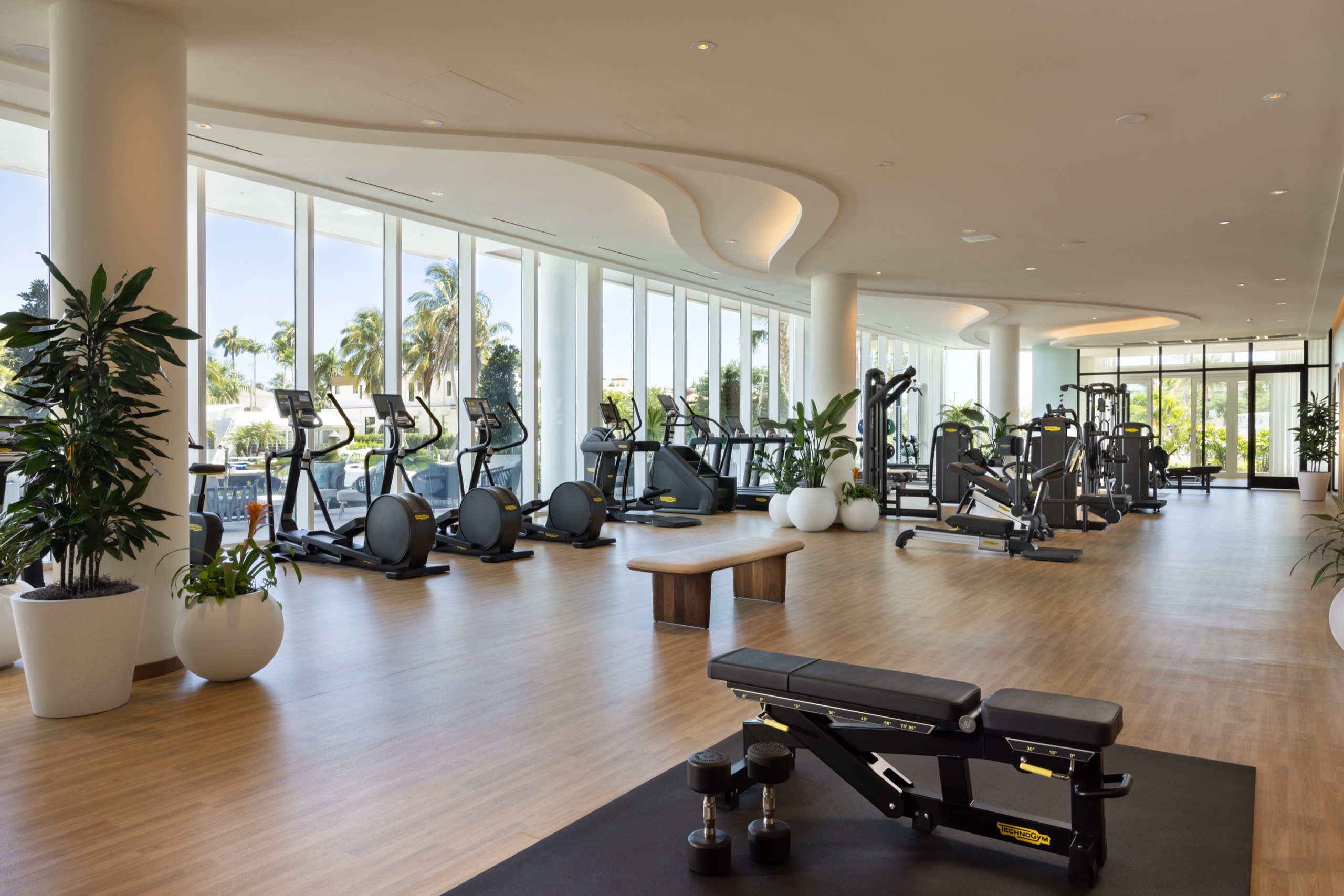 The fitness center under wave-cut ceilings, glass to the gardens