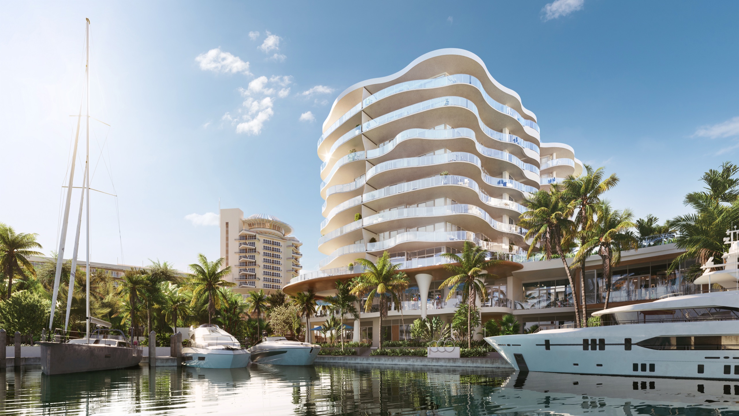 Azul’s sculpted balconies from the water, the crowned tower behind