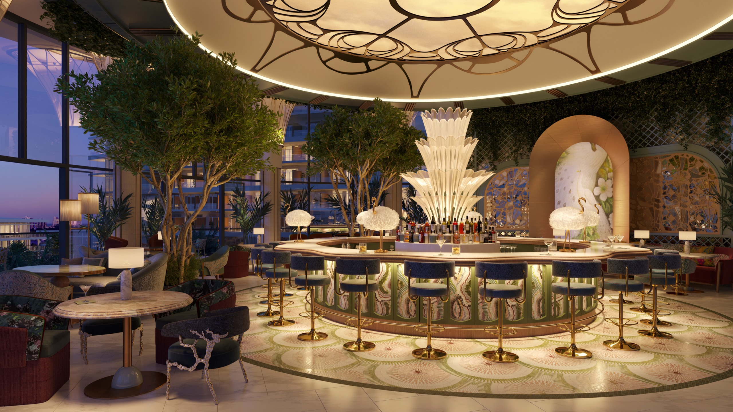 The circular bar crowned with glass plumes, flamingo lamps at the counter