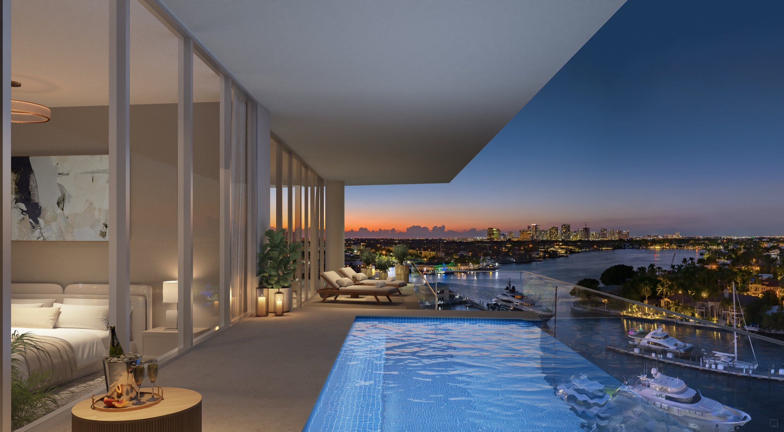 A plunge pool glows on a private terrace off the bedroom at night