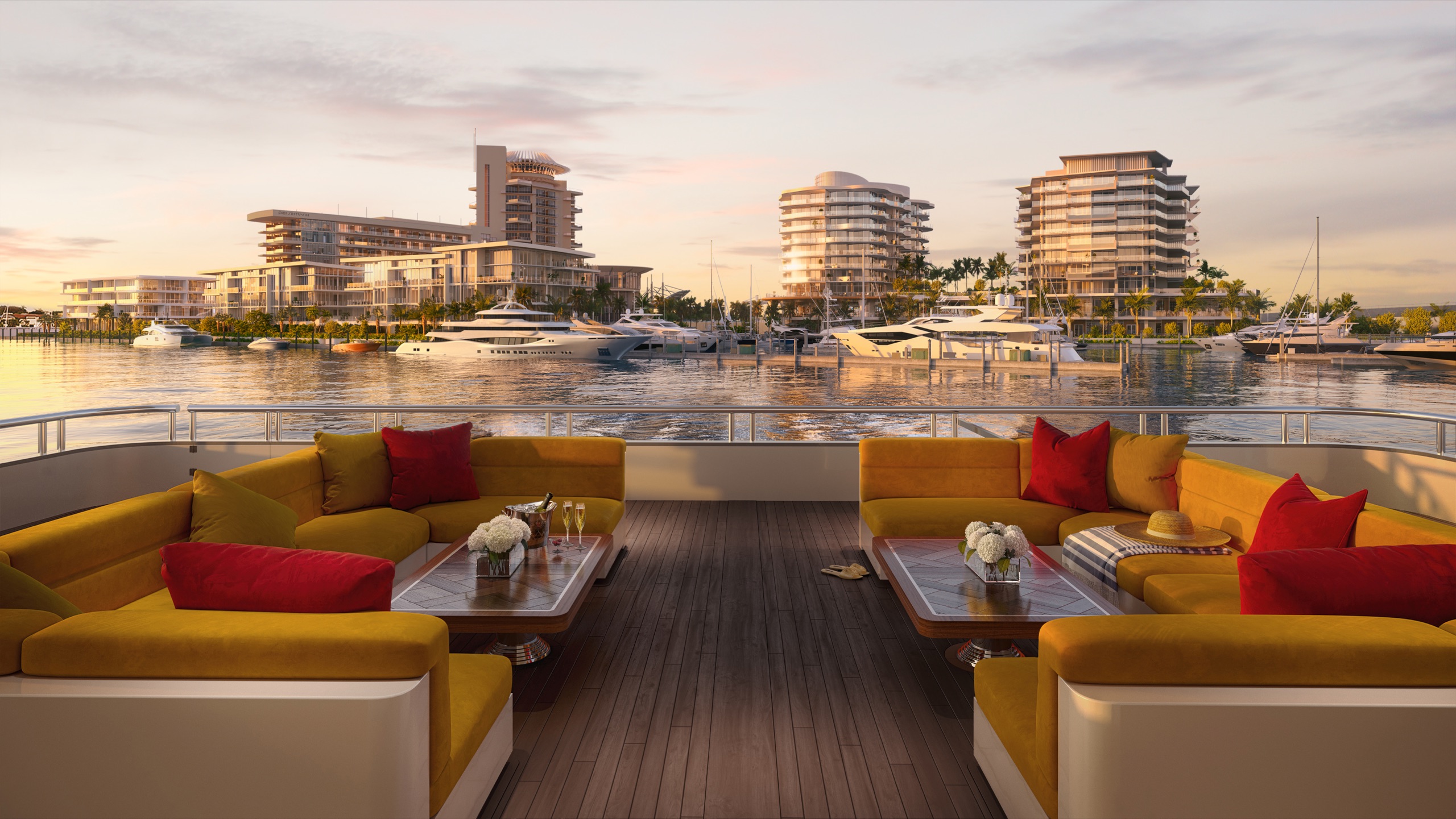 Arriving by water at sunset: champagne on the aft deck, the towers ahead