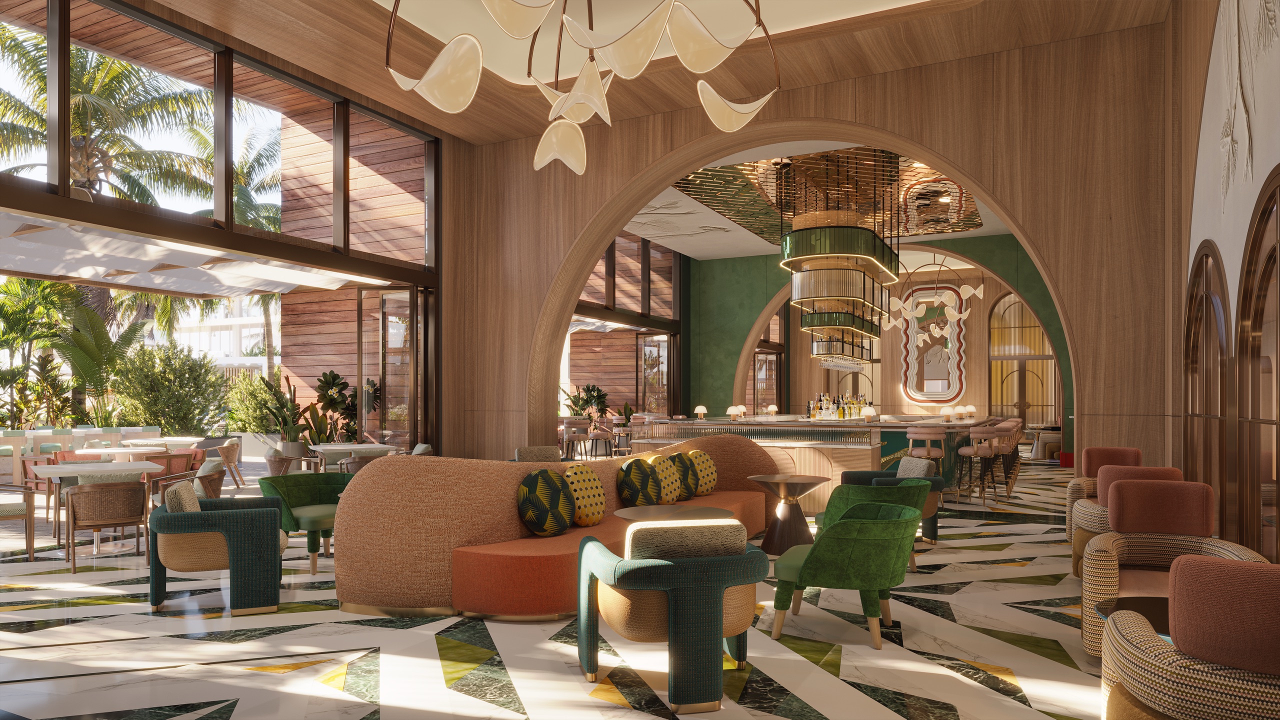 A garden-level lounge in green and terracotta under white arches
