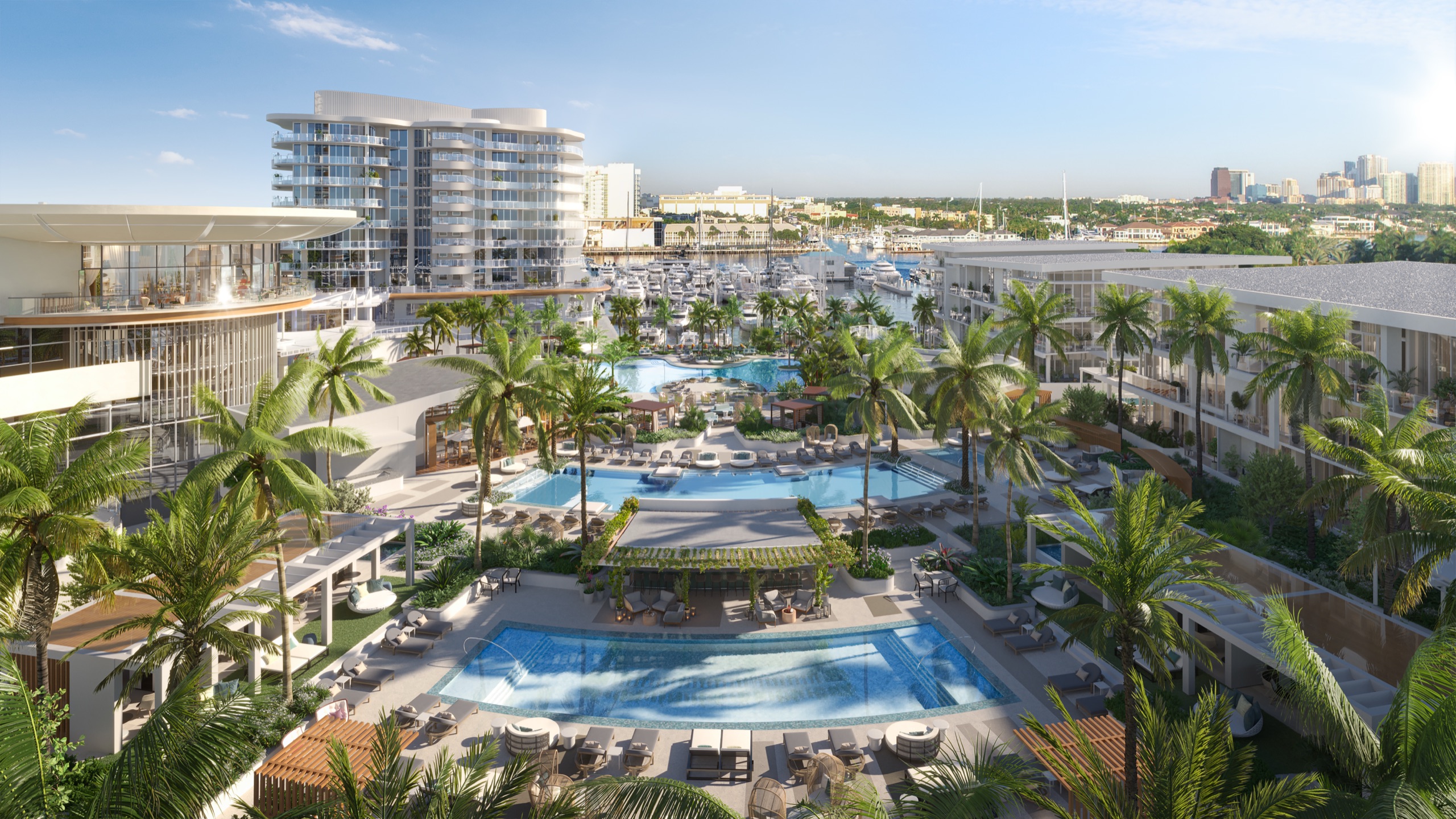 The resort pools, gardens and marina from above on a clear day