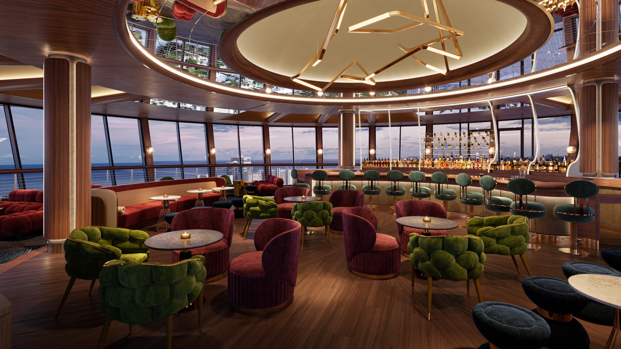 The revolving lounge in walnut and brass, curved glass to the ocean