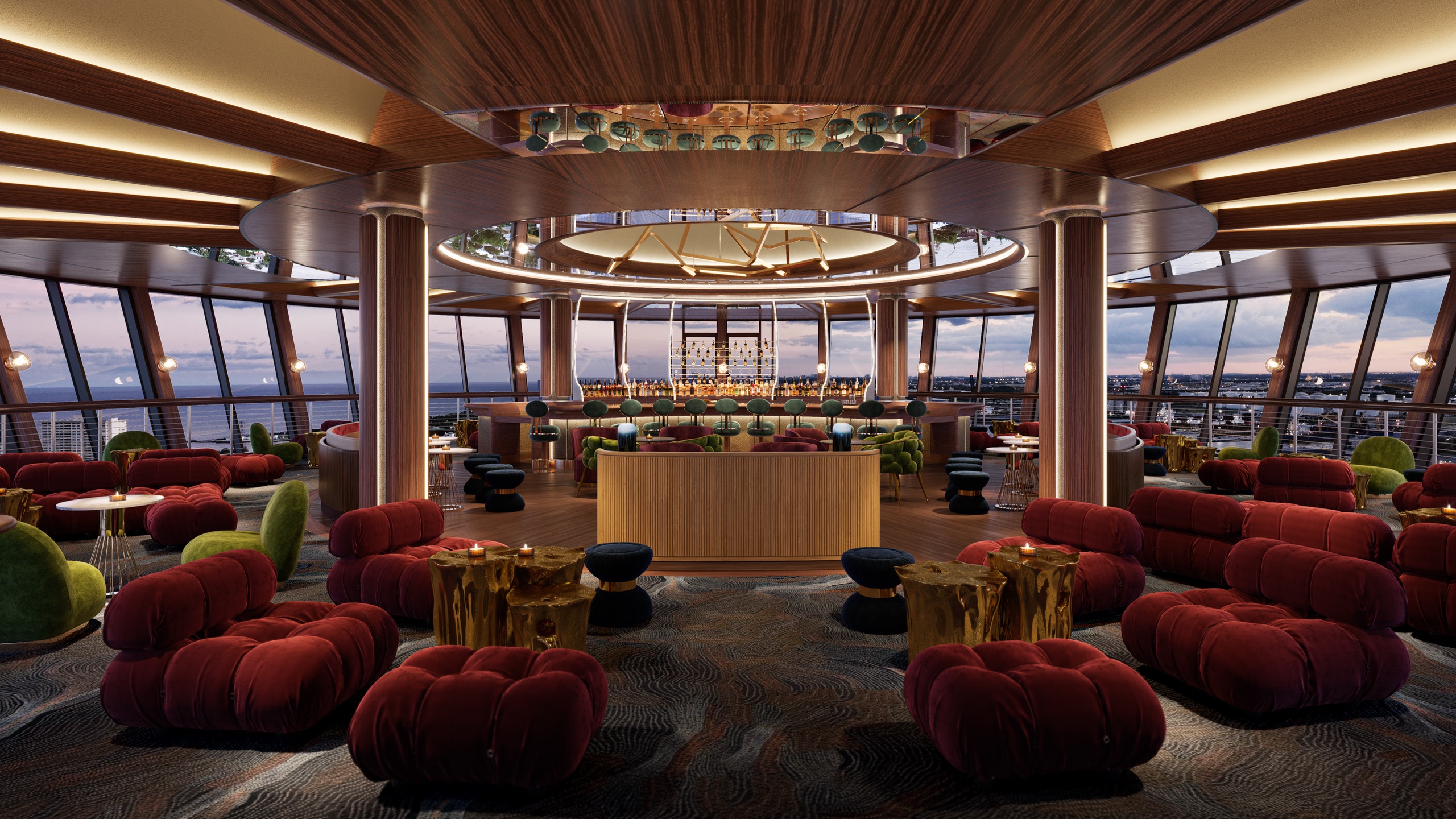 Velvet seating rings the revolving lounge beneath a sputnik chandelier