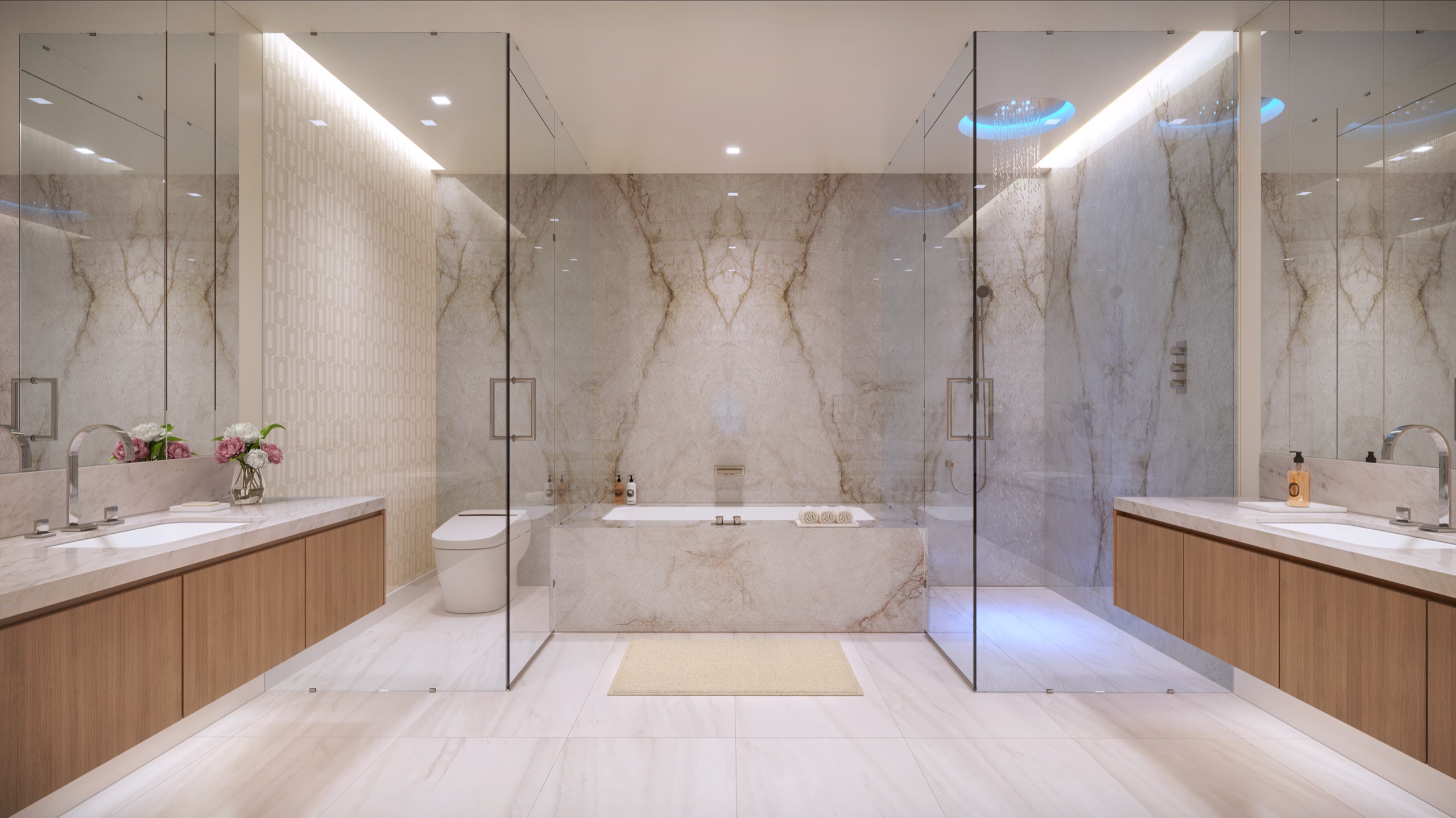 A primary bath in book-matched stone, tub at the window