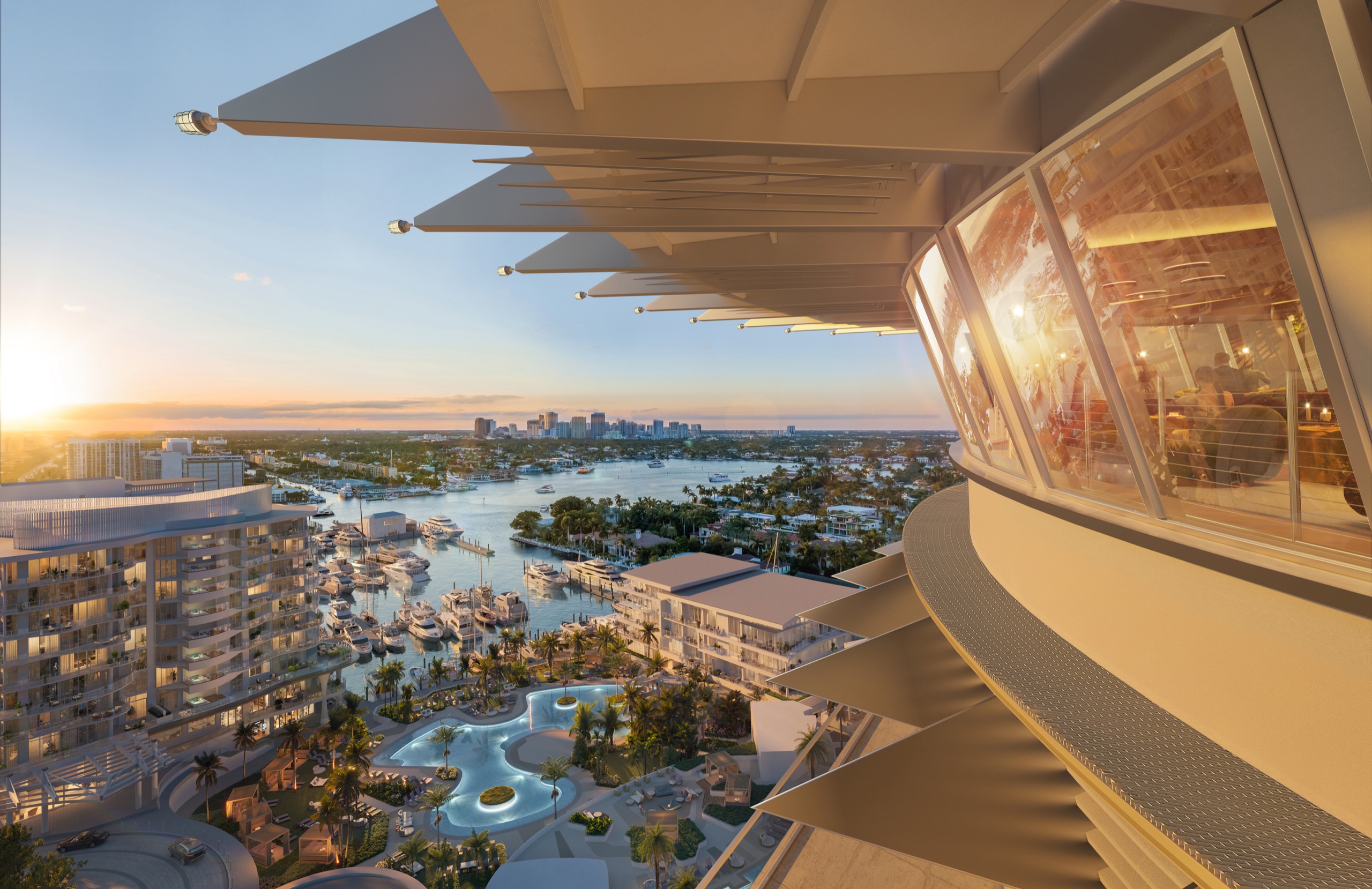Under the crown of sixty-six spires at sunset, the marina and Azul far below